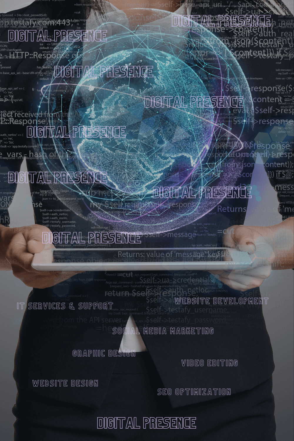 A person holding a tablet, with a holographic globe surrounded by digital interfaces and text related to digital presence, showcasing the integration of technology in enhancing online visibility.
