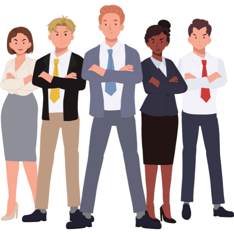 A vector illustration featuring five diverse professionals standing side by side with their arms crossed. Their faces are intentionally obscured, and they are dressed in professional attire. The minimalistic style uses solid colors and no intricate details.
