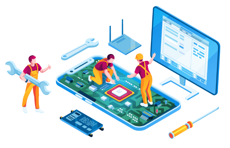 An illustration featuring three people working together to repair or assemble a large smartphone motherboard. They are surrounded by tools and components, with a computer monitor displaying information and a router nearby. 🛠️🔧💻📡