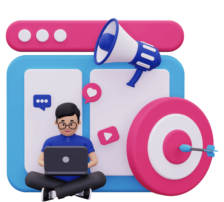A 3D illustration of a person with a laptop, sitting in front of a large interface displaying social media icons, a megaphone, and a target with an arrow in the bullseye. The vibrant colors and bold design suggest themes related to social media engagement, online communication, and achieving marketing goals. 🌟💻🎯🔊