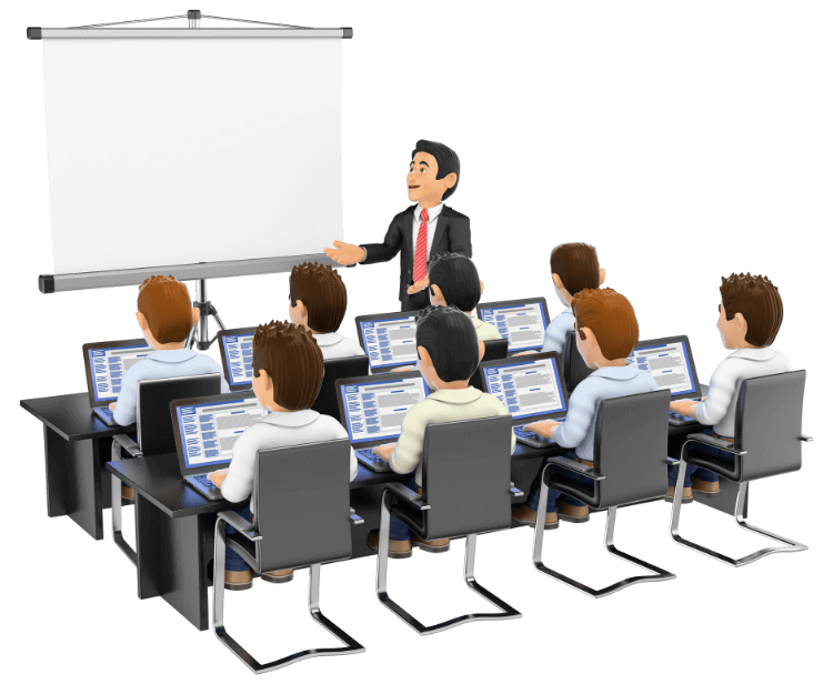 A 3D illustration of a professional training or classroom setting where an instructor is presenting to eight students, each with laptops open displaying graphs and charts, in front of a blank whiteboard. 🎓💼👥📊