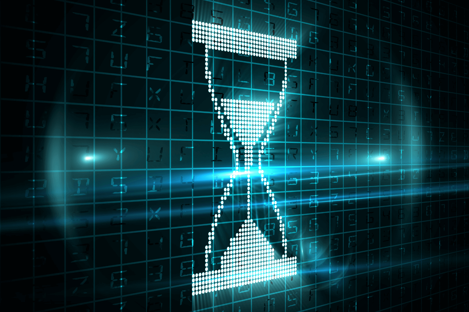 Digital hourglass with illuminated pixels against a dark grid background