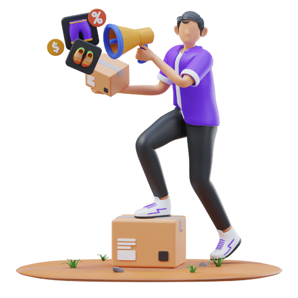 A 3D illustration of a person in a purple shirt and black pants, standing on a cardboard box, holding another box with one hand and a megaphone with the other. Icons representing money, percentage, and credit cards are emerging from the megaphone. The ground appears to be brownish terrain with small patches of grass and stones scattered around the larger cardboard box.