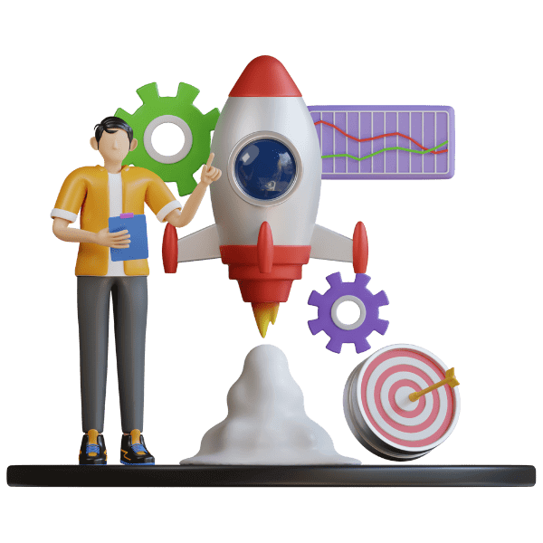 A 3D illustration featuring a person holding a clipboard next to a launching rocket, with gears, a graph, and a target symbol, representing project management or startup launch. 🚀📋🎯